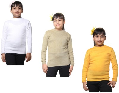 Indistar Self Design Round Neck Casual Girls White, Beige, Yellow Sweater