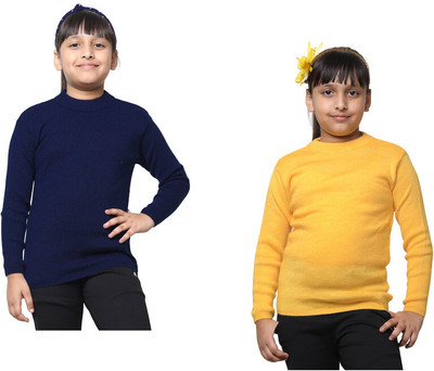 Indistar Self Design Round Neck Casual Baby Girls Dark Blue, Yellow Sweater