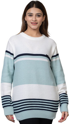 WAY TO TRENDY Striped Round Neck Casual Women Light Green Sweater