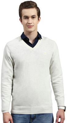 MONTE CARLO Solid V Neck Casual Men White Sweater