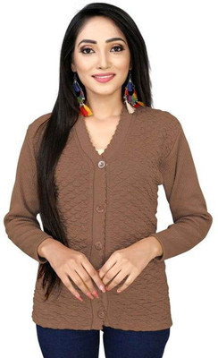 Shunit creation Self Design V Neck Lounge Wear Women Brown Sweater