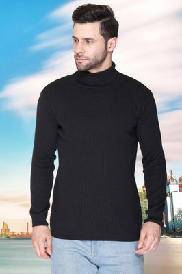 jorden4u Solid, Self Design High Neck Casual Men Black Sweater