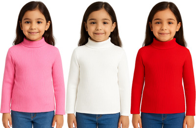 Chiclift Solid High Neck Casual Baby Girls Pink, White, Red Sweater