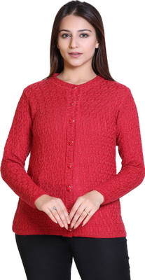 Ogarti Self Design Round Neck Casual Women Red Sweater