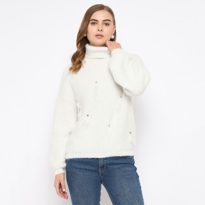 MADAME Embellished Turtle Neck Casual Women White Sweater