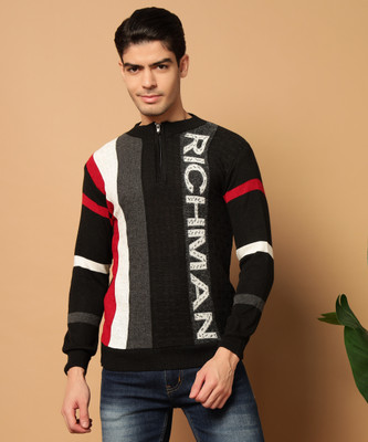 SILVANUS Colorblock Round Neck Casual Men Black Sweater