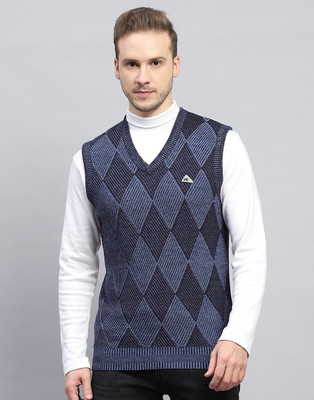 MONTE CARLO Self Design V Neck Casual Men Dark Blue Sweater