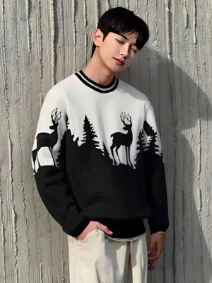 HouseOfCommon Printed, Self Design Round Neck Casual Men Black, White Sweater