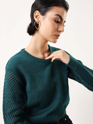 DL Woman Self Design Round Neck Casual Women Dark Green Sweater