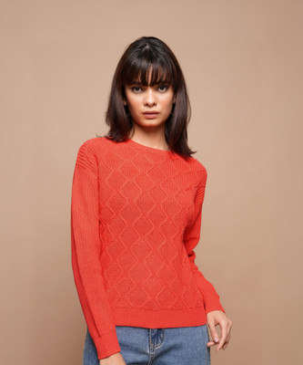 Tokyo Talkies Solid Round Neck Casual Women Red Sweater