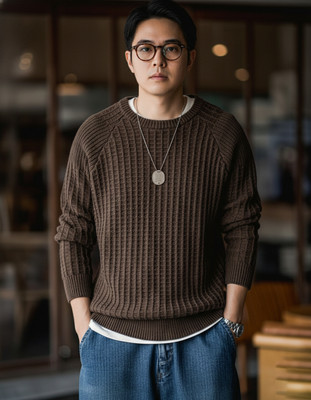 Cat Bunny Solid Round Neck Casual Men Brown Sweater