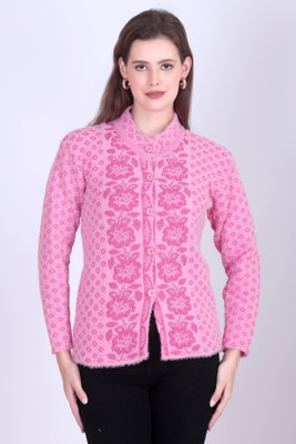 FASHSTORE Self Design, Printed Mandarin Neck Casual Women Pink Sweater