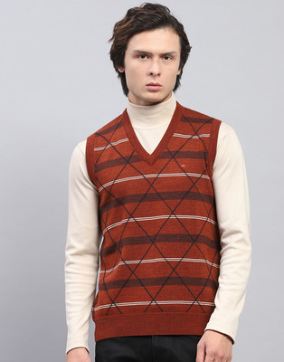 MONTE CARLO Self Design V Neck Casual Men Maroon Sweater