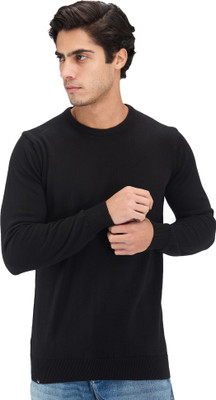 Spykar Solid Round Neck Casual Men Black Sweater