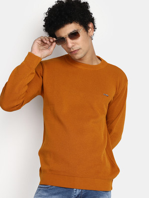 V-MART Self Design Round Neck Casual Men Yellow Sweater