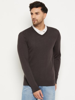 98 Degree North Solid V Neck Casual Men Brown Sweater