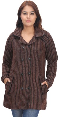 manra Striped Collared Neck Casual Women Brown Sweater