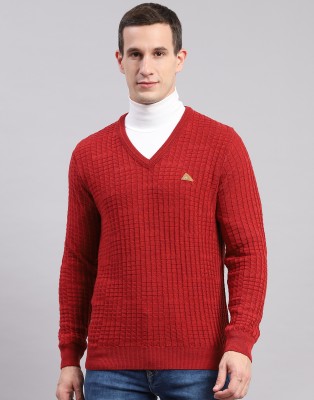 MONTE CARLO Self Design V Neck Casual Men Red Sweater