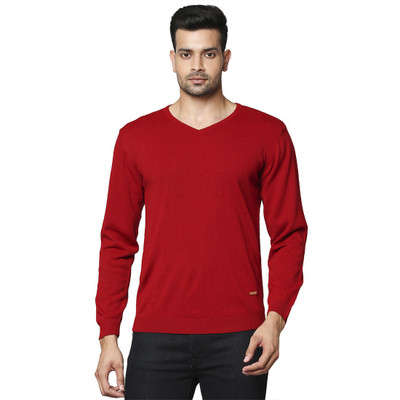 PARK AVENUE Self Design V Neck Casual Men Red Sweater