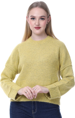 NOQUO Solid Round Neck Casual Women Yellow Sweater
