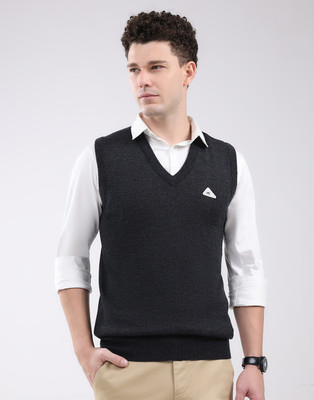 MONTE CARLO Solid V Neck Casual Men Grey Sweater