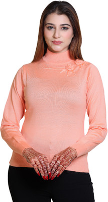Winter knit Self Design High Neck Casual Women Pink Sweater