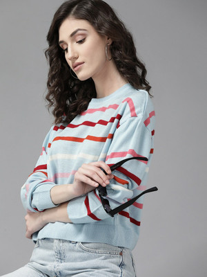 Roadster Striped Round Neck Casual Women Blue Sweater