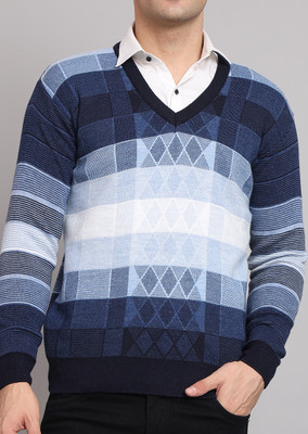 eWools Self Design V Neck Casual Men Multicolor Sweater