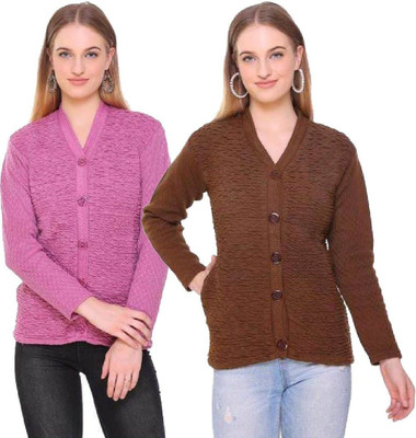 Shunit creation Self Design V Neck Lounge Wear Women Pink, Brown Sweater