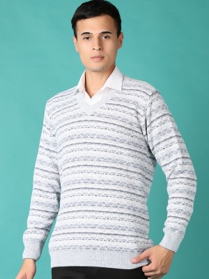 V-MART Self Design V Neck Casual Men Blue Sweater