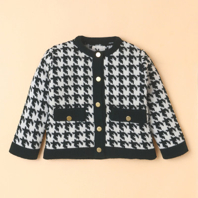 Yellow Apple Checkered Round Neck Casual Baby Girls Black Sweater