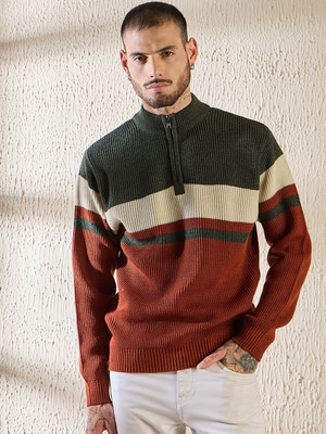 Pivl Colorblock Turtle Neck Casual Men Orange Sweater