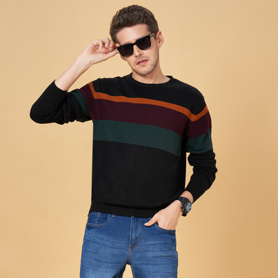 PEOPLE Striped Round Neck Casual Men Black Sweater