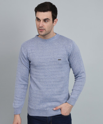 WILLEY Self Design Round Neck Casual Men Blue Sweater