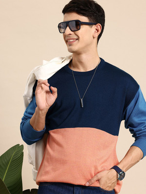 Mast & Harbour Colorblock Round Neck Casual Men Blue Sweater