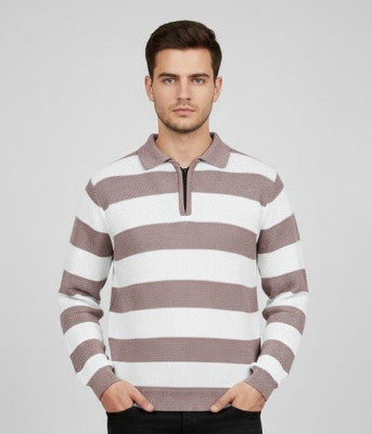 klein blue Striped Collared Neck Casual Men Pink Sweater