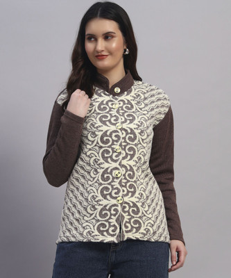 Christy World Self Design Collared Neck Casual Women Brown Sweater