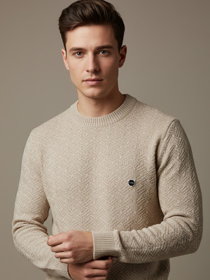 AIN6 Self Design Round Neck Casual Men Beige Sweater