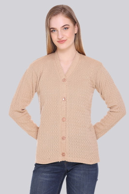 CURIOUS FASHION Solid V Neck Casual Women Beige Sweater