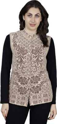 HITTIKA Printed Mandarin Neck Casual Women Beige Sweater