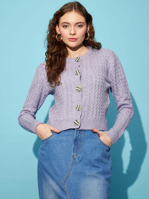 STREET9 Solid Round Neck Casual Women Purple Sweater