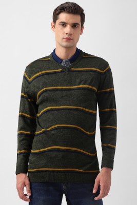 PETER ENGLAND Striped Crew Neck Casual Men Green Sweater