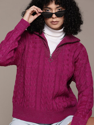Roadster Self Design Turtle Neck Casual Women Pink Sweater