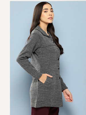 MUHURATAM Solid Collared Neck Casual Women Black Sweater