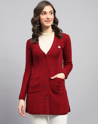 MONTE CARLO Self Design V Neck Casual Women Red Sweater