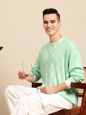 Mast & Harbour Checkered Round Neck Casual Men Green Sweater