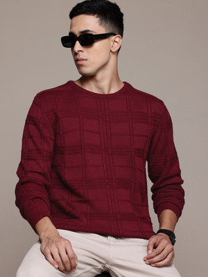 Roadster Checkered Round Neck Casual Men Maroon Sweater