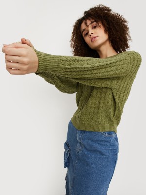 MAX Solid Round Neck Casual Women Green Sweater