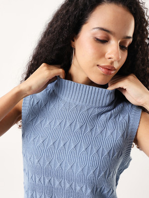 High Star Self Design Collared Neck Casual Women Blue Sweater