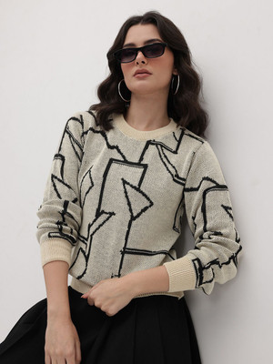 Roadster Self Design Round Neck Casual Women Beige Sweater